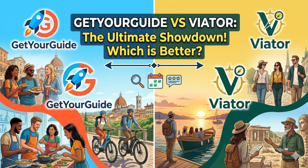 A comparison graphic for a travel blog titled "GetYourGuide vs Viator: The Ultimate Showdown." The image is split down the middle, showing the GetYourGuide logo and vibrant scenes of travelers enjoying food tours and bike rides on the left, and the Viator logo with travelers exploring ancient ruins and taking sunset boat tours on the right.